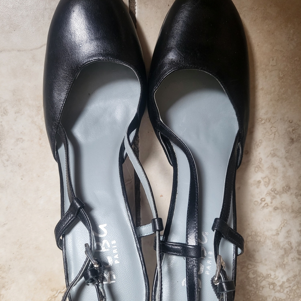 BCBG Black Leather Slingback Flats with Ankle Strap